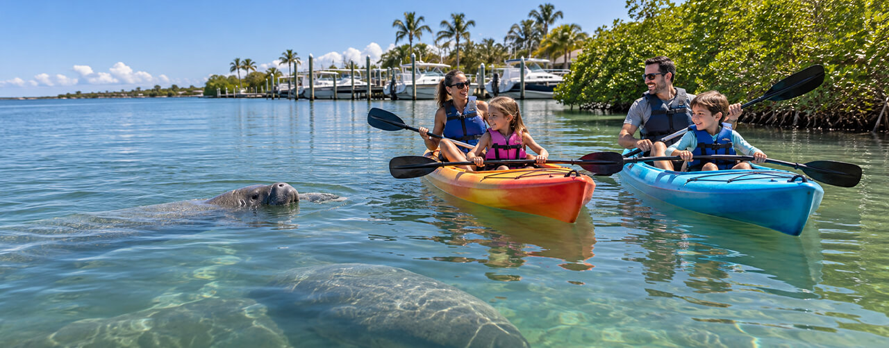 family-kayaking-in-port-sanibel-marina-with-manatee